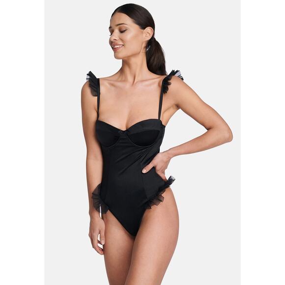 OW Intimates Sadie Bodysuit M Black Caviar Underwire Thong Ruffle Satin NWD NWT - Picture 4 of 12